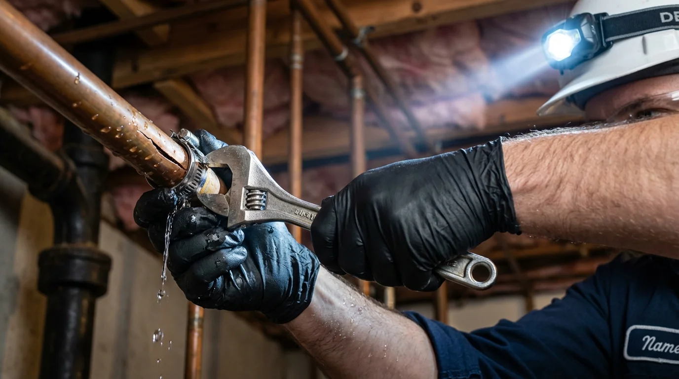Emergency pipe clamp repair being performed by a Johns Plumbing LLC plumber in Brookville
