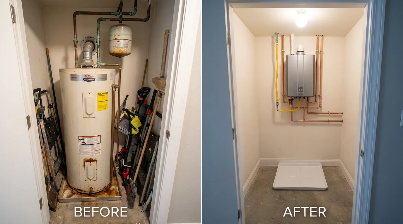 Tank water heater versus wall-mounted tankless unit comparison for Brookville, IN homeowners