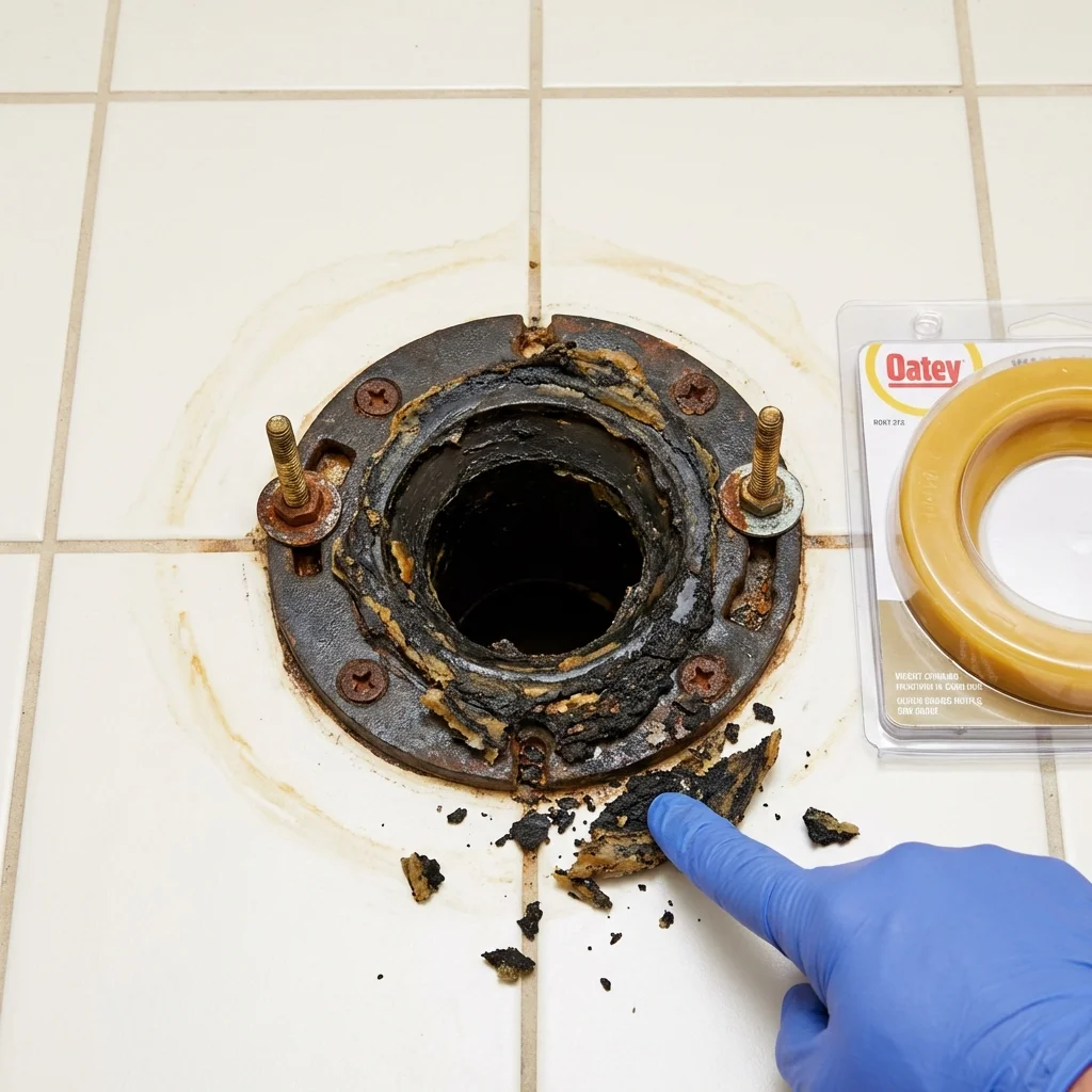 Failed wax ring showing water seepage at the base of a toilet in a Brookville, IN home