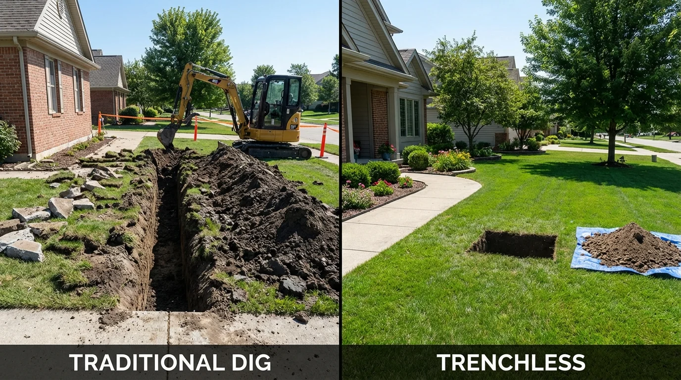 Trenchless sewer repair with minimal yard damage versus traditional excavation in Brookville, IN