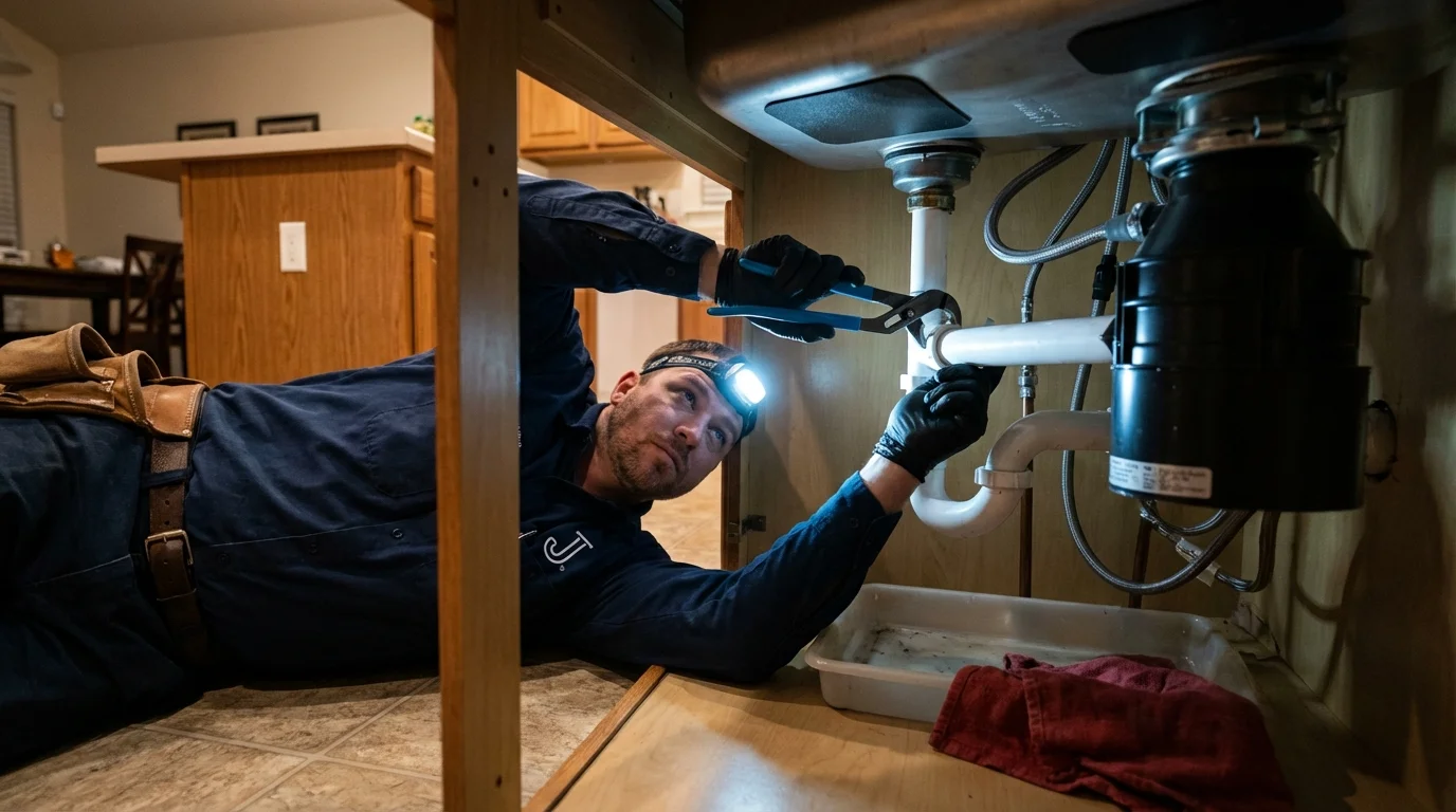 P-trap and supply line connections under a kitchen sink showing a common leak point in Brookville, IN